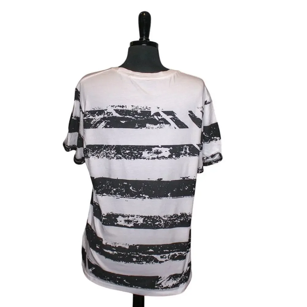 Guess Los Angeles Striped Logo T Shirt Black White Cotton Size L - Picture 2 of 4